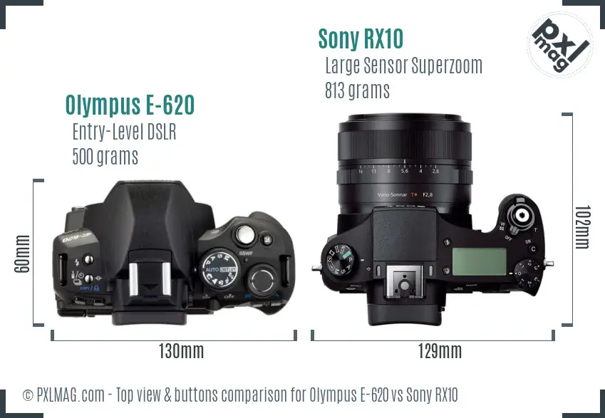 Olympus E-620 vs Sony RX10 top view buttons comparison