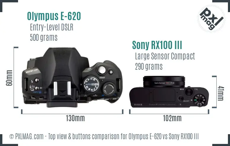 Olympus E-620 vs Sony RX100 III top view buttons comparison