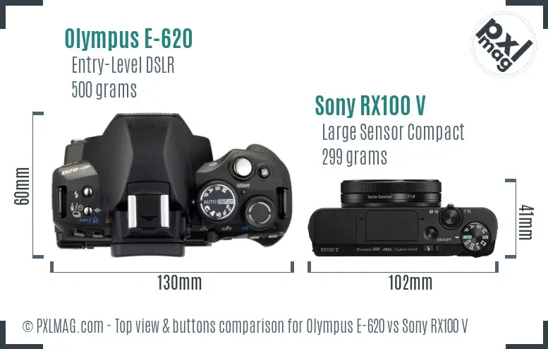 Olympus E-620 vs Sony RX100 V top view buttons comparison