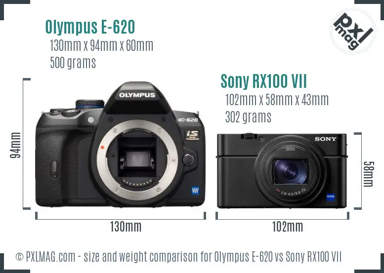 Olympus E-620 vs Sony RX100 VII size comparison Olympus E-620 vs Sony RX100 VII size comparison