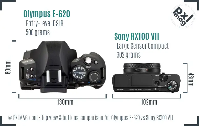 Olympus E-620 vs Sony RX100 VII top view buttons comparison Olympus E-620 vs Sony RX100 VII top view buttons comparison