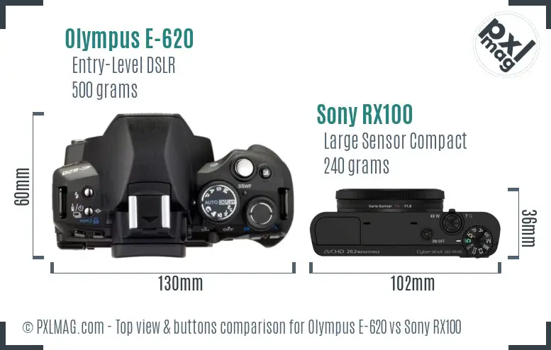 Olympus E-620 vs Sony RX100 top view buttons comparison