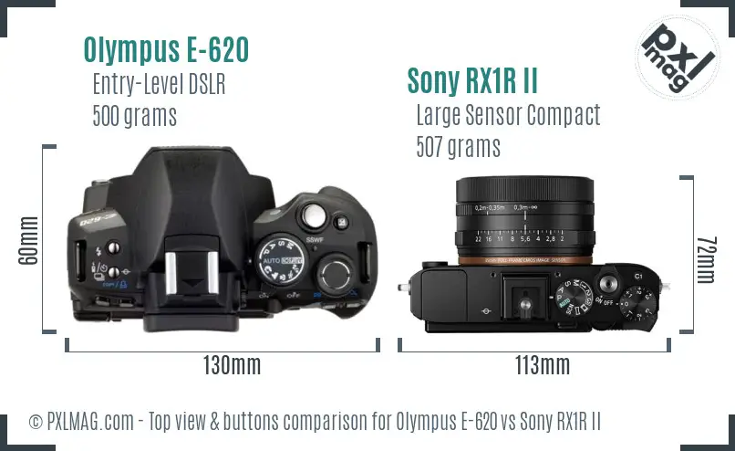 Olympus E-620 vs Sony RX1R II top view buttons comparison