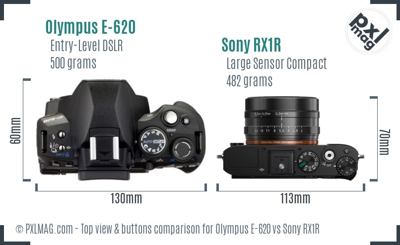 Olympus E-620 vs Sony RX1R top view buttons comparison
