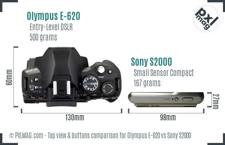 Olympus E-620 vs Sony S2000 top view buttons comparison