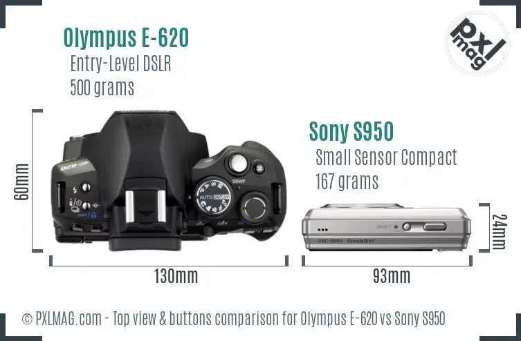 Olympus E-620 vs Sony S950 top view buttons comparison