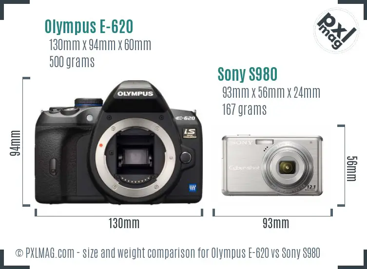 Olympus E-620 vs Sony S980 size comparison