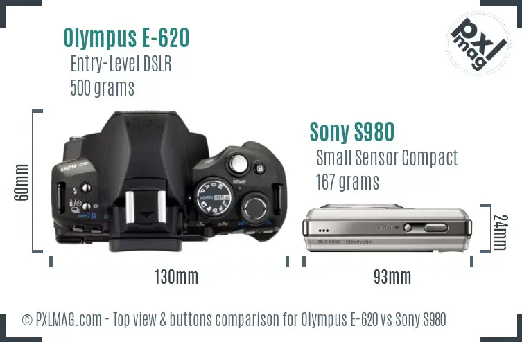 Olympus E-620 vs Sony S980 top view buttons comparison