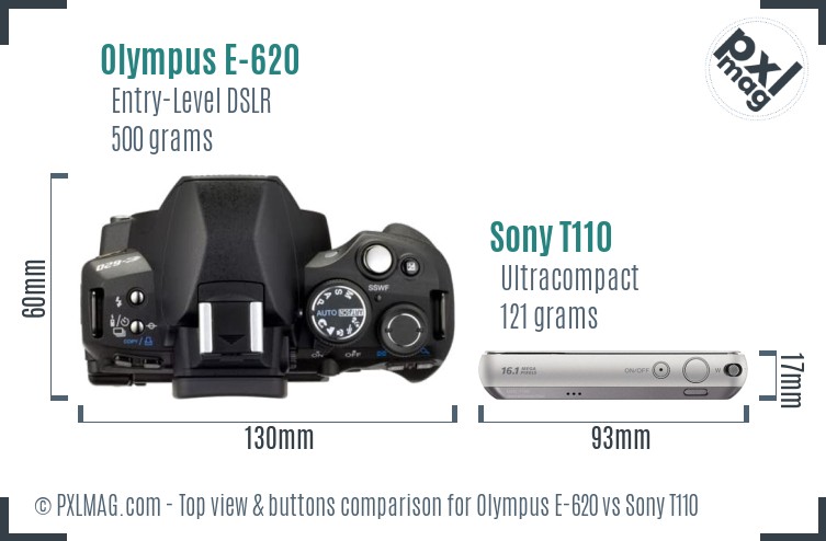 Olympus E-620 vs Sony T110 top view buttons comparison