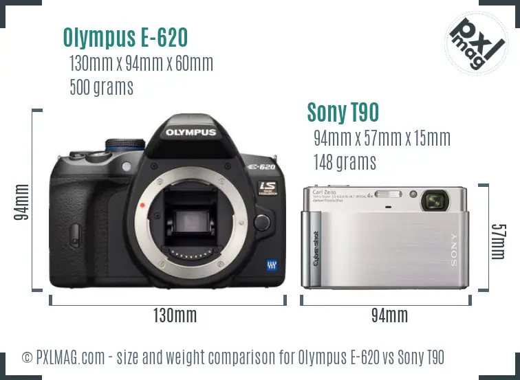 Olympus E-620 vs Sony T90 size comparison Olympus E-620 vs Sony T90 size comparison