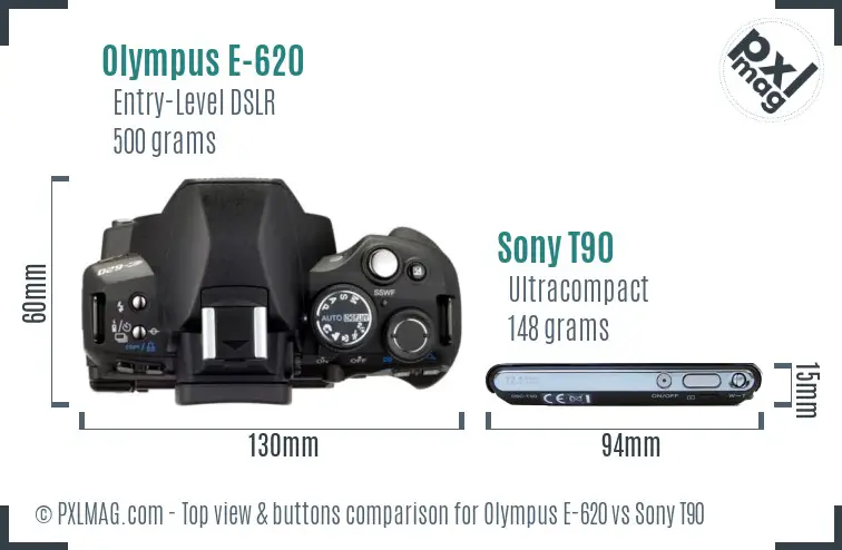 Olympus E-620 vs Sony T90 top view buttons comparison Olympus E-620 vs Sony T90 top view buttons comparison