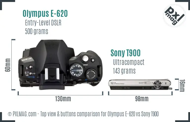 Olympus E-620 vs Sony T900 top view buttons comparison