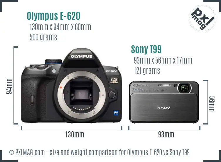 Olympus E-620 vs Sony T99 size comparison