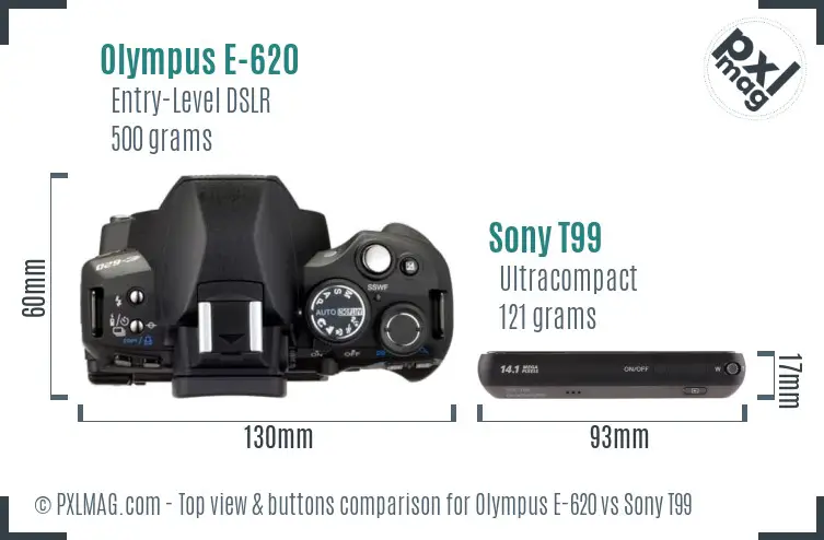 Olympus E-620 vs Sony T99 top view buttons comparison