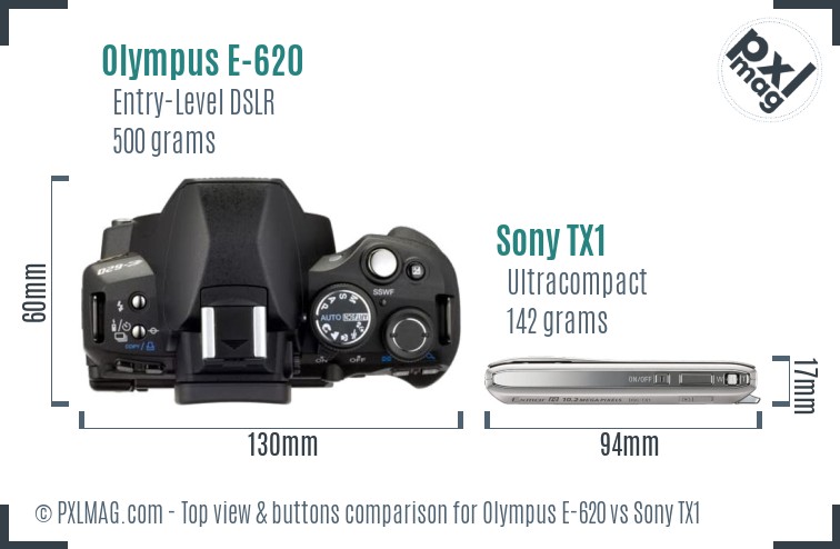 Olympus E-620 vs Sony TX1 top view buttons comparison