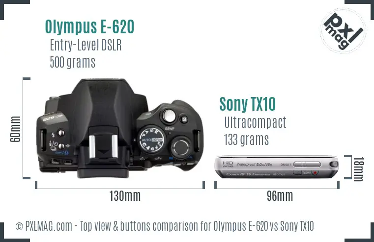 Olympus E-620 vs Sony TX10 top view buttons comparison