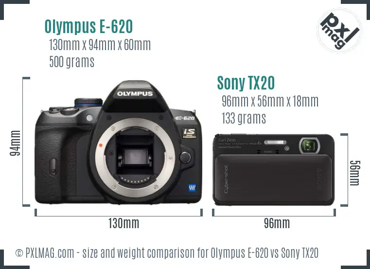 Olympus E-620 vs Sony TX20 size comparison Olympus E-620 vs Sony TX20 size comparison