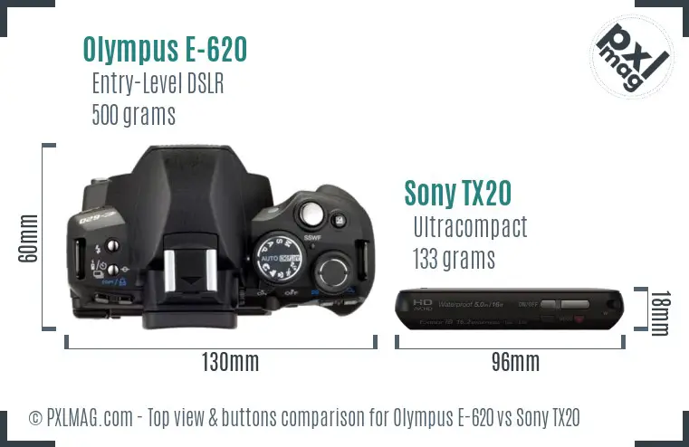 Olympus E-620 vs Sony TX20 top view buttons comparison Olympus E-620 vs Sony TX20 top view buttons comparison