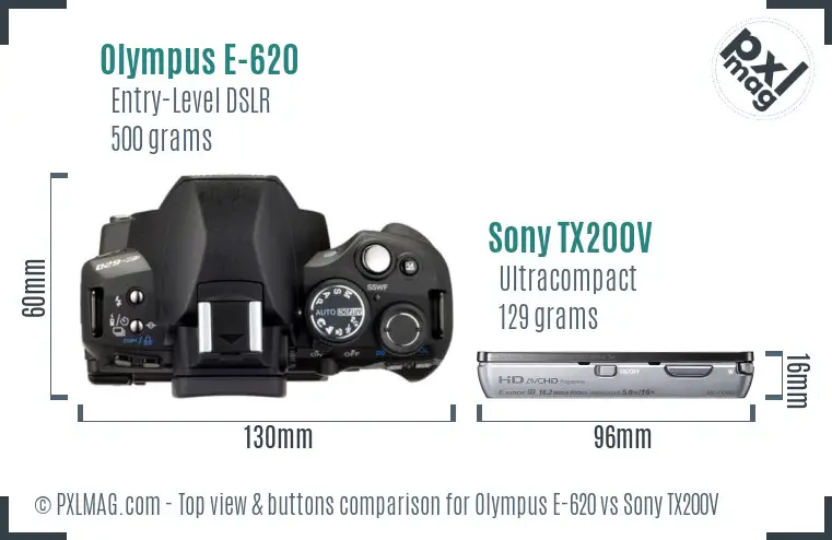 Olympus E-620 vs Sony TX200V top view buttons comparison