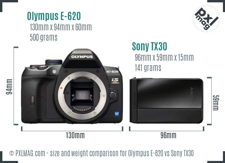 Olympus E-620 vs Sony TX30 size comparison Olympus E-620 vs Sony TX30 size comparison