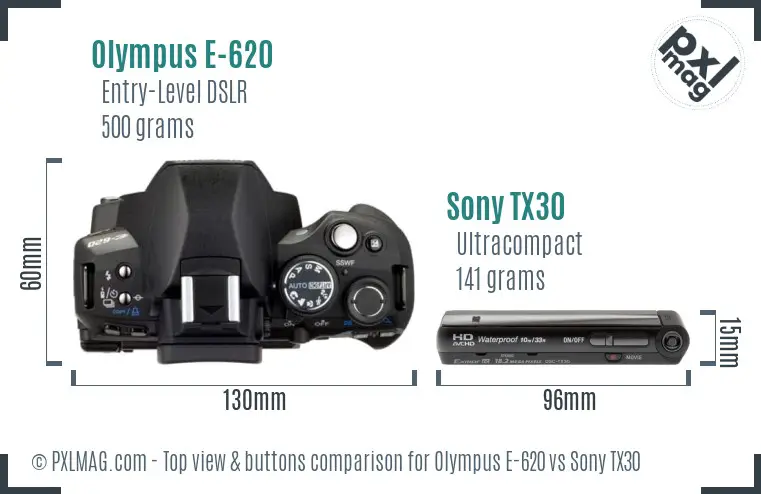 Olympus E-620 vs Sony TX30 top view buttons comparison Olympus E-620 vs Sony TX30 top view buttons comparison