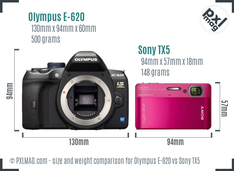 Olympus E-620 vs Sony TX5 size comparison Olympus E-620 vs Sony TX5 size comparison