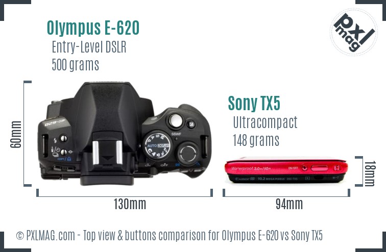 Olympus E-620 vs Sony TX5 top view buttons comparison