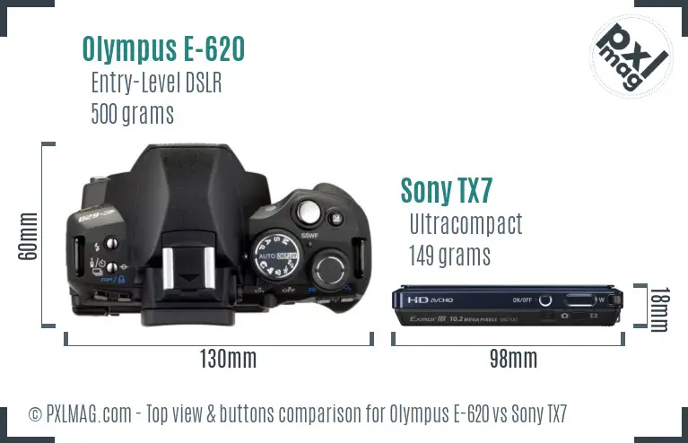 Olympus E-620 vs Sony TX7 top view buttons comparison Olympus E-620 vs Sony TX7 top view buttons comparison