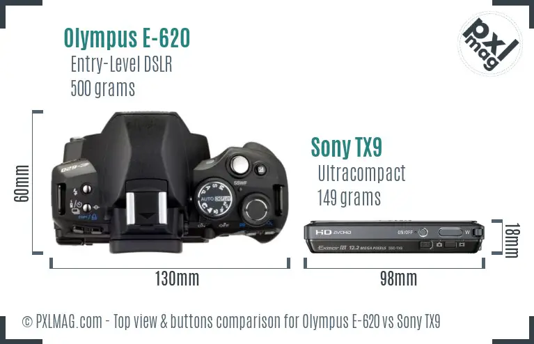 Olympus E-620 vs Sony TX9 top view buttons comparison