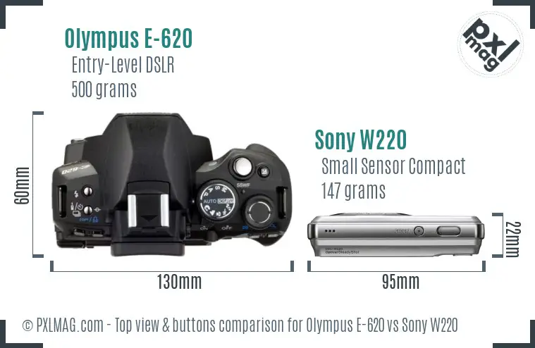 Olympus E-620 vs Sony W220 top view buttons comparison