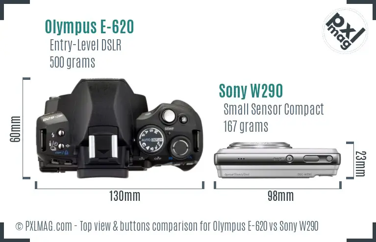 Olympus E-620 vs Sony W290 top view buttons comparison Olympus E-620 vs Sony W290 top view buttons comparison