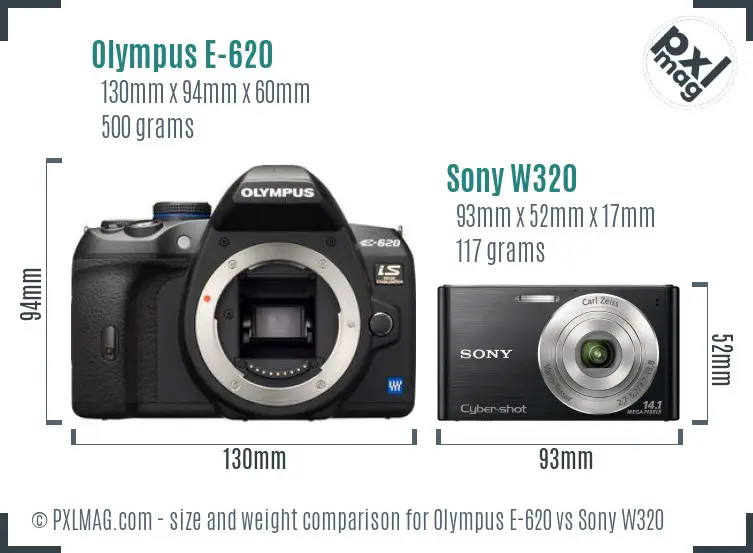 Olympus E-620 vs Sony W320 size comparison