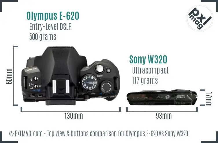 Olympus E-620 vs Sony W320 top view buttons comparison
