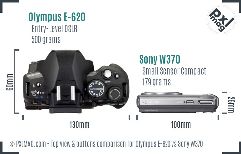 Olympus E-620 vs Sony W370 top view buttons comparison