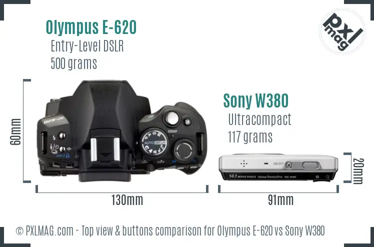 Olympus E-620 vs Sony W380 top view buttons comparison Olympus E-620 vs Sony W380 top view buttons comparison