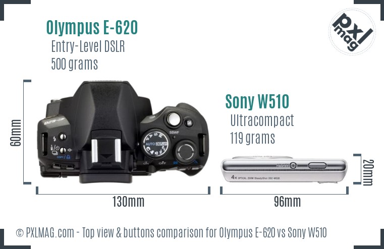 Olympus E-620 vs Sony W510 top view buttons comparison
