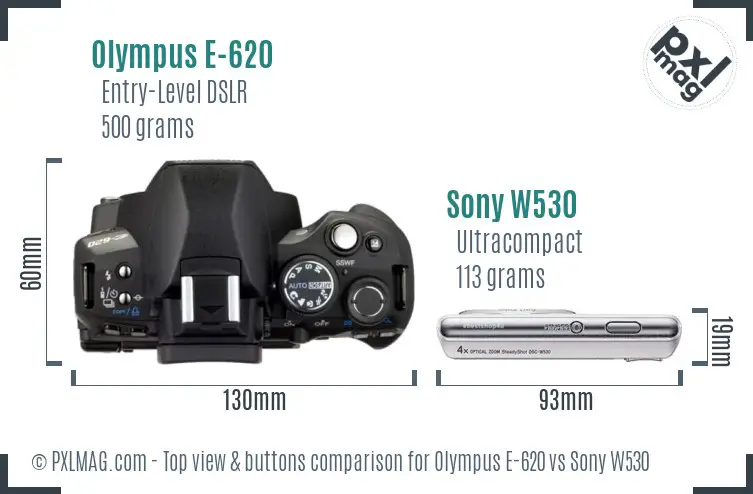 Olympus E-620 vs Sony W530 top view buttons comparison