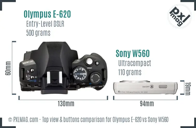 Olympus E-620 vs Sony W560 top view buttons comparison