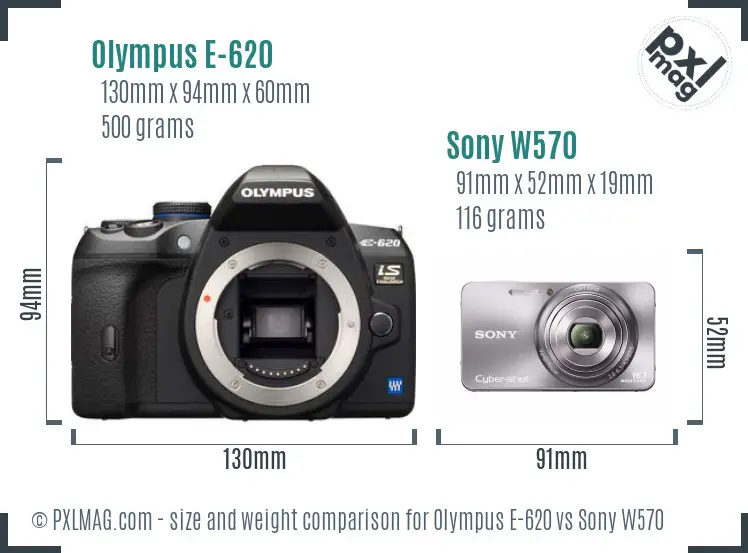 Olympus E-620 vs Sony W570 size comparison