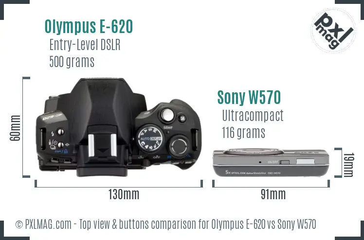 Olympus E-620 vs Sony W570 top view buttons comparison