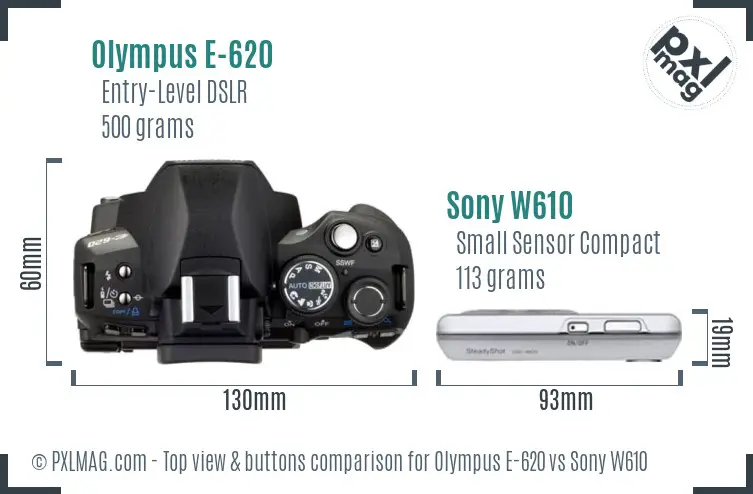 Olympus E-620 vs Sony W610 top view buttons comparison