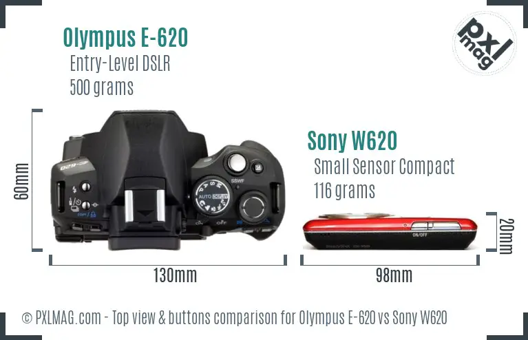 Olympus E-620 vs Sony W620 top view buttons comparison