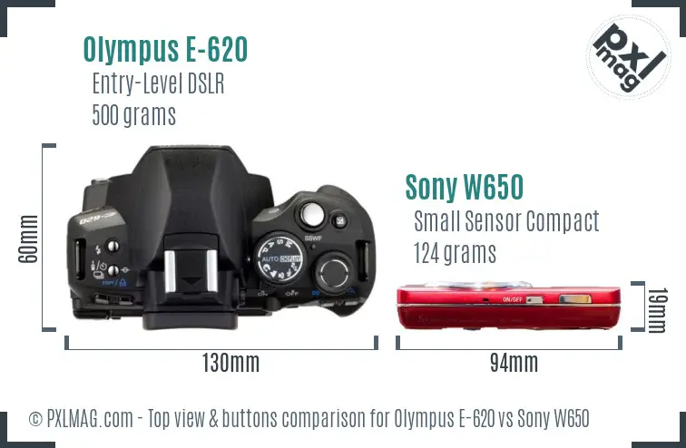 Olympus E-620 vs Sony W650 top view buttons comparison