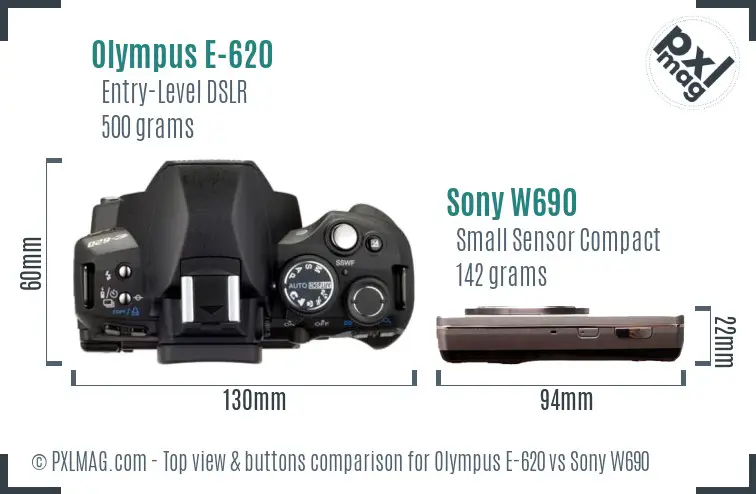 Olympus E-620 vs Sony W690 top view buttons comparison