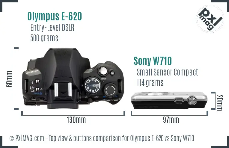 Olympus E-620 vs Sony W710 top view buttons comparison Olympus E-620 vs Sony W710 top view buttons comparison