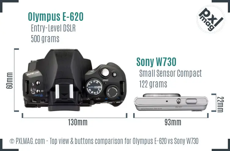 Olympus E-620 vs Sony W730 top view buttons comparison
