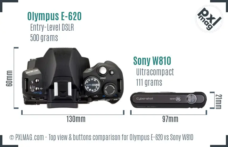 Olympus E-620 vs Sony W810 top view buttons comparison