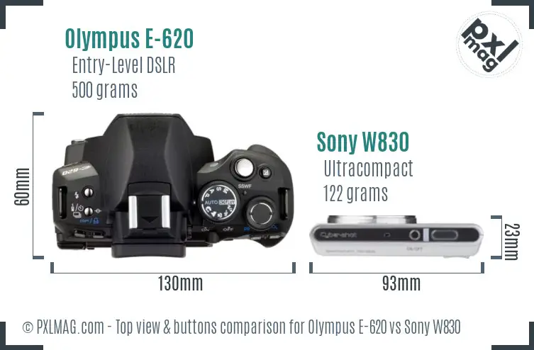 Olympus E-620 vs Sony W830 top view buttons comparison