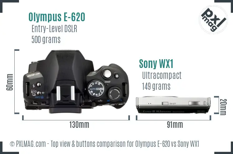 Olympus E-620 vs Sony WX1 top view buttons comparison