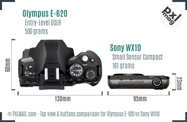 Olympus E-620 vs Sony WX10 top view buttons comparison